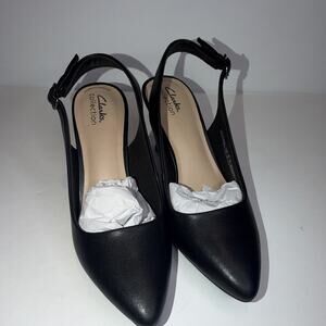 Clarks Black Leather Slingback Heels Buckle Pointed Toe US 8 W EU 39